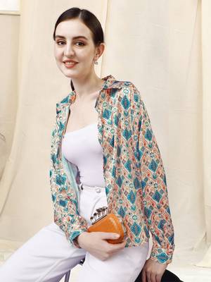 Cream blue paisley print button placket satin stiched Shirt 1