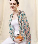 Cream blue paisley print button placket satin stiched Shirt