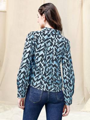 Light blue dark dusty blue geometric print golden show button polyester stiched Shirt 4