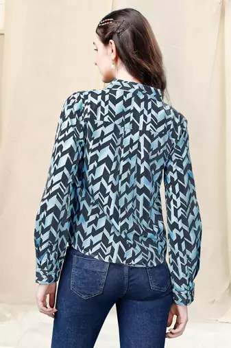 Light blue dark dusty blue geometric print golden show button polyester stiched Shirt