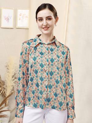 Cream blue paisley print button placket satin stiched Shirt 2