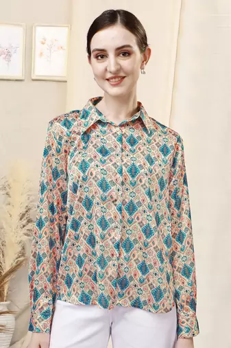 Cream blue paisley print button placket satin stiched Shirt