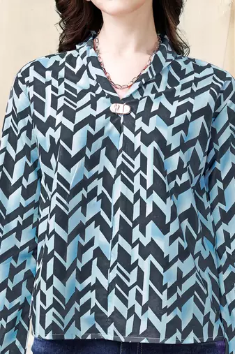 Light blue dark dusty blue geometric print golden show button polyester stiched Shirt