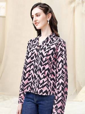 Light pink dark navy blue geometric print golden show button polyester stiched Shirt 3
