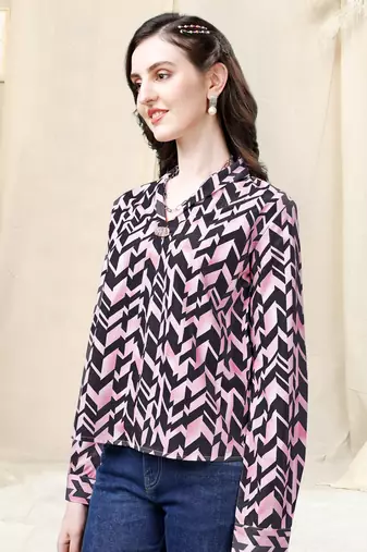 Light pink dark navy blue geometric print golden show button polyester stiched Shirt
