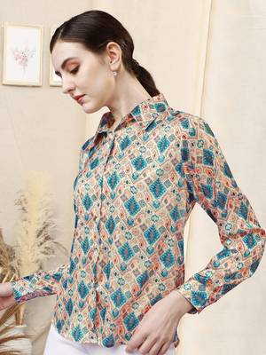 Cream blue paisley print button placket satin stiched Shirt 3