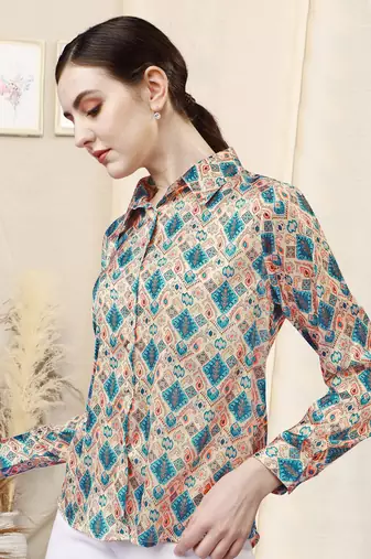 Cream blue paisley print button placket satin stiched Shirt