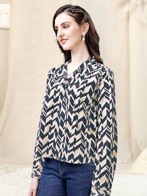 Cream beige dark blue geometric print golden show button polyester stiched Shirt 3