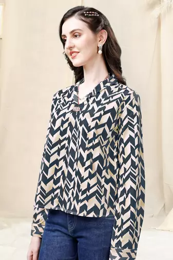 Cream beige dark blue geometric print golden show button polyester stiched Shirt