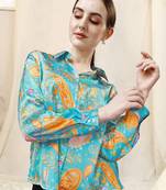 Turquoise rust paisley print button placket satin stiched Shirt