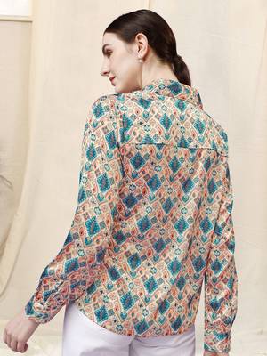 Cream blue paisley print button placket satin stiched Shirt 4
