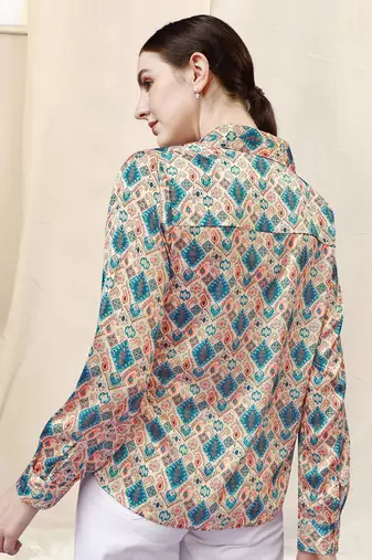 Cream blue paisley print button placket satin stiched Shirt