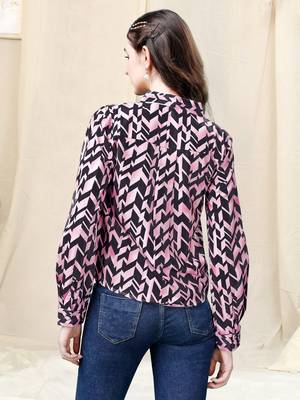 Light pink dark navy blue geometric print golden show button polyester stiched Shirt 4