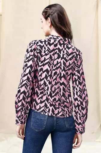 Light pink dark navy blue geometric print golden show button polyester stiched Shirt