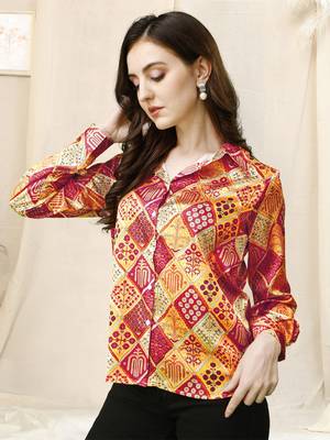 Beige red colorblock print button placket satin stiched Shirt 1