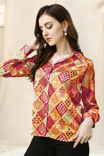 Beige red colorblock print button placket satin stiched Shirt