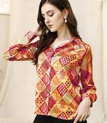 Beige red colorblock print button placket satin stiched Shirt