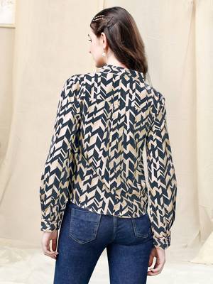 Cream beige dark blue geometric print golden show button polyester stiched Shirt 4