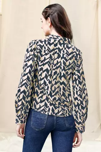 Cream beige dark blue geometric print golden show button polyester stiched Shirt