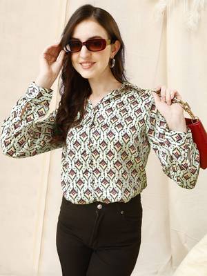 Cream black block print button placket satin stiched Shirt 1