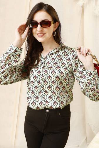 Cream black block print button placket satin stiched Shirt