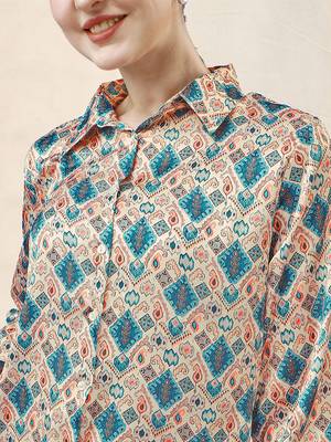Cream blue paisley print button placket satin stiched Shirt 5
