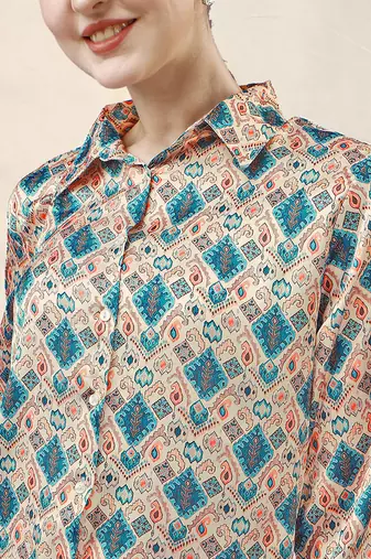Cream blue paisley print button placket satin stiched Shirt