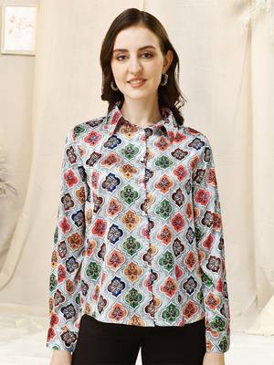 Grey multicolor colorblock print button placket satin stiched Shirt 1