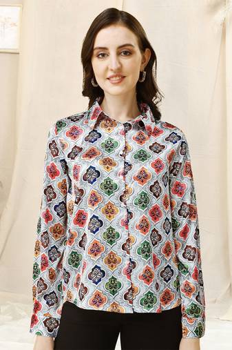 Grey multicolor colorblock print button placket satin stiched Shirt