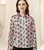 Grey multicolor colorblock print button placket satin stiched Shirt