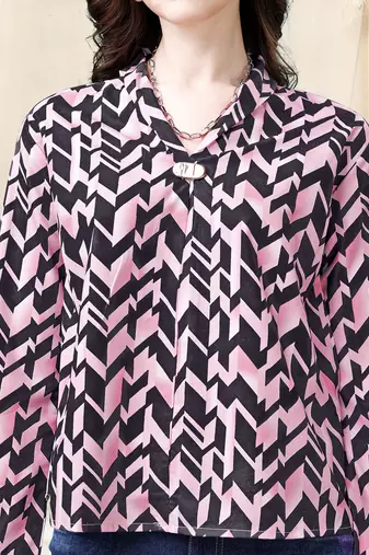 Light pink dark navy blue geometric print golden show button polyester stiched Shirt