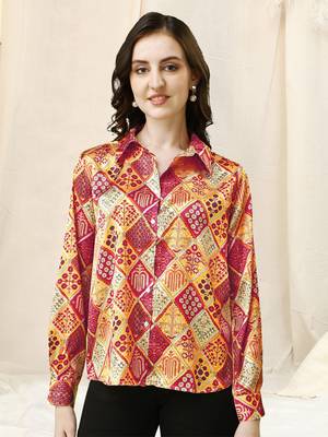 Beige red colorblock print button placket satin stiched Shirt 2
