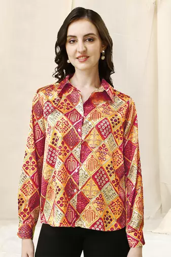 Beige red colorblock print button placket satin stiched Shirt