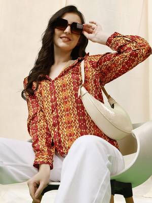 Off white red ikkat print button placket satin stiched Shirt 1