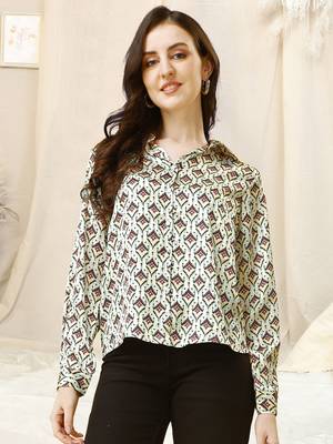Cream black block print button placket satin stiched Shirt 2