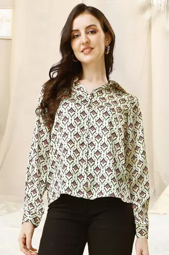 Cream black block print button placket satin stiched Shirt