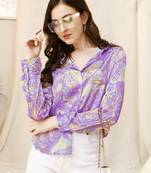 Purple white paisley print button placket satin stiched Shirt