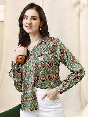 Teal grey ajrak print button placket satin stiched Shirt 1