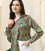 Teal grey ajrak print button placket satin stiched Shirt