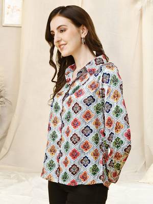 Grey multicolor colorblock print button placket satin stiched Shirt 2