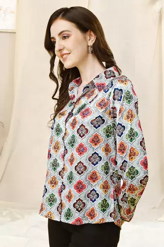 Grey multicolor colorblock print button placket satin stiched Shirt