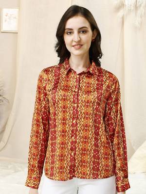 Off white red ikkat print button placket satin stiched Shirt 2
