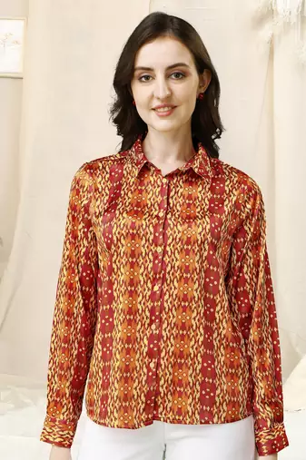 Off white red ikkat print button placket satin stiched Shirt