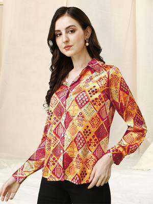 Beige red colorblock print button placket satin stiched Shirt 3