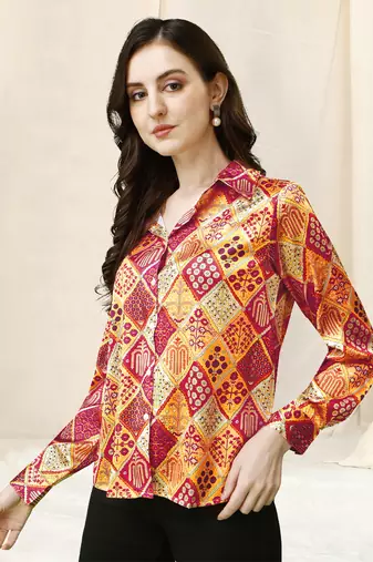 Beige red colorblock print button placket satin stiched Shirt