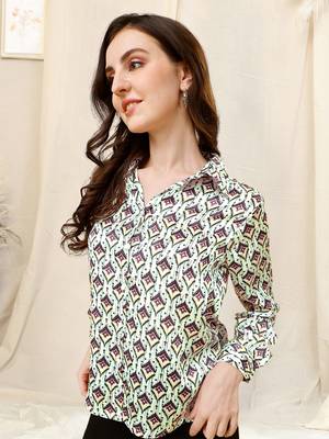 Cream black block print button placket satin stiched Shirt 3