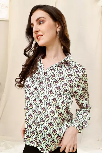 Cream black block print button placket satin stiched Shirt