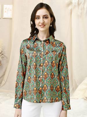 Teal grey ajrak print button placket satin stiched Shirt 2