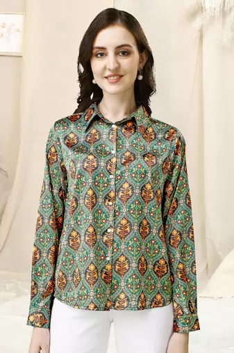 Teal grey ajrak print button placket satin stiched Shirt