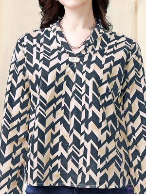 Cream beige dark blue geometric print golden show button polyester stiched Shirt 5